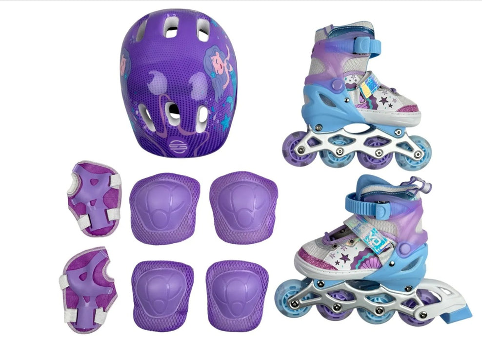 KIT PATINAJE INFANTIL STRIVO NIÑA (PATINES, CASCO, PROTECCIONES: MUÑEQUERAS, CODERAS, RODILLERAS, LLAVES Y BOLSA DE PLASTICO) 07705084337792